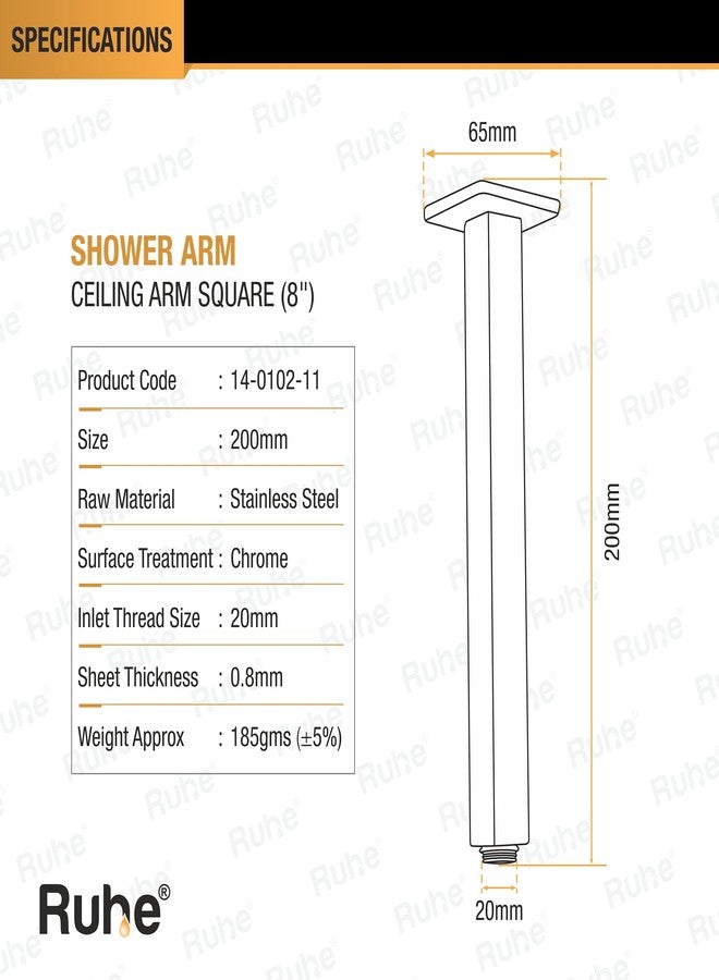 Ruhe® 8 Inches Premium Grade Stainless Steel Ceiling Square Shower Arm (Chrome Finish) - Image 2